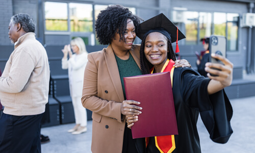Mother taking selfie with college graduate daughter.
