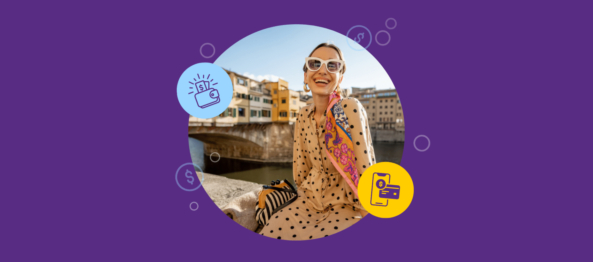 Happy woman wearing sunglasses and a polka dot dress sitting outside on vacation.