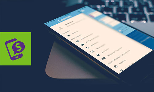 Closeup of tablet device, with screen displaying Quorum's mobile banking app.