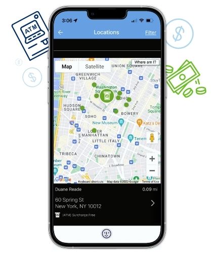 Smart phone displaying Quorum’s Shared Service Center and ATM Network.